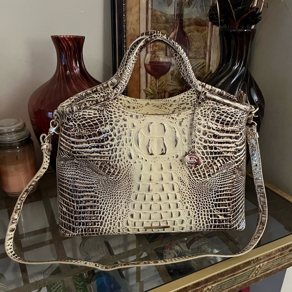 Brahmin Ivory and Brown Croc-Embossed Satchel with Removable Strap